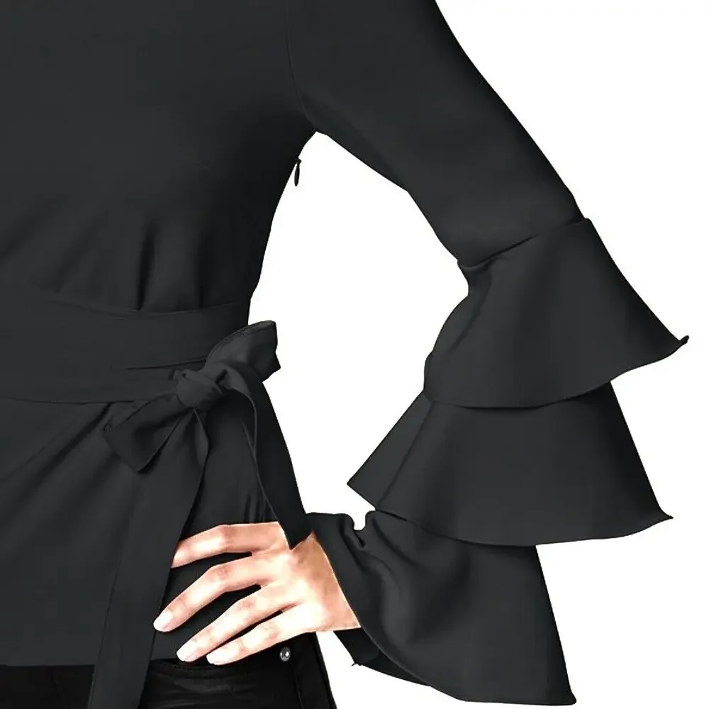 Venus Ruffle Sleeve One Shoulder Tie Waist Blouse 4 Black‎ Sexy Belted Top - Picture 3 of 12